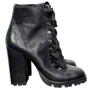 Schutz Zhara Black Leather Lug Sole Block Heel Lace Up Ankle Boots 10B Goth Vamp